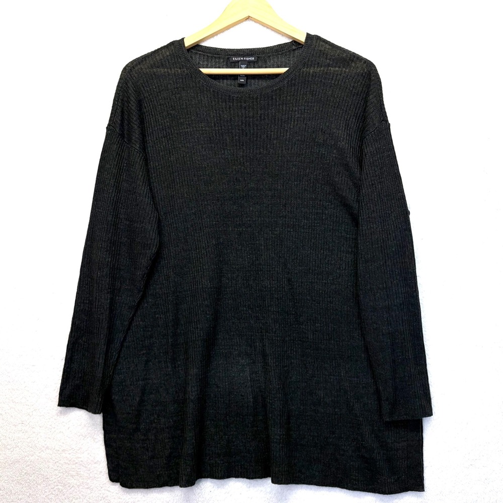 EILEEN FISHER Ribbed Knit Long Sleeve Tunic Sweater Green M Organic Linen Luxury